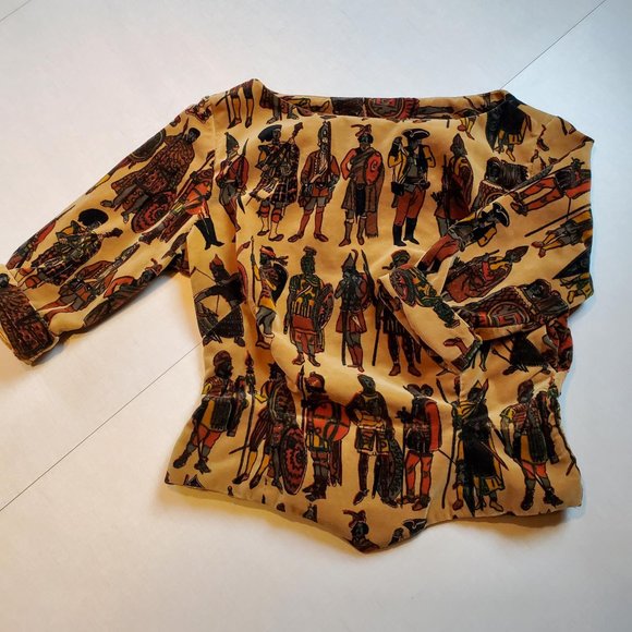 Vintage Velvet Boat Neck Medieval Knights Warriors Print Armor Cropped Shirt - Picture 4 of 15